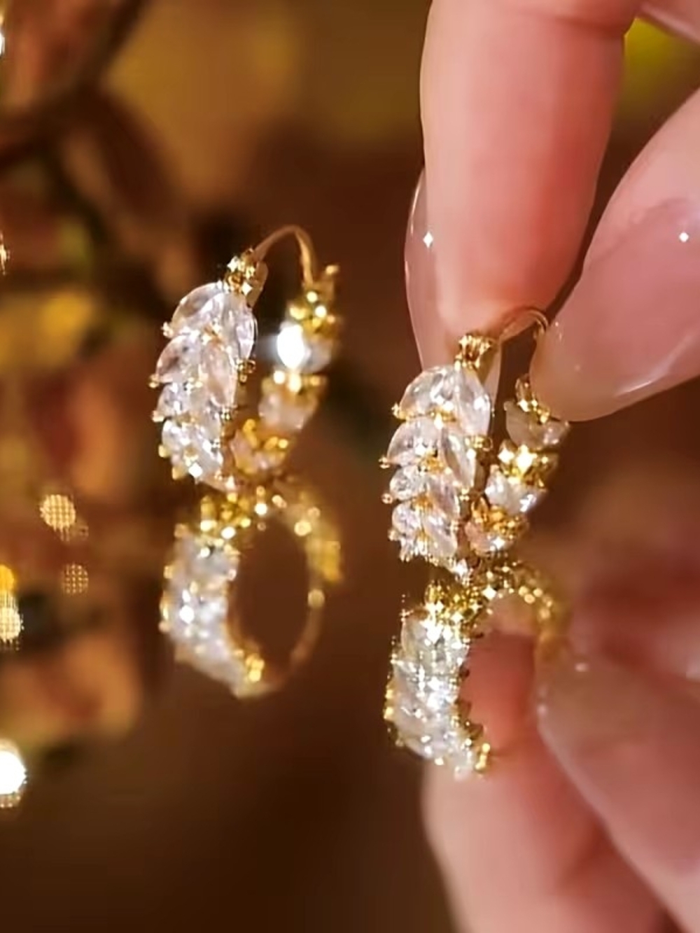 Gold Crystal Leaf Hoop Earrings - Elegant Women's Jewelry